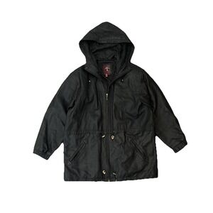 GIII Leather Hooded Parka Coat Quilted Lined Black Mens Size L Workwear Jacket‎